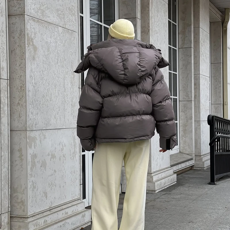 Kapuzenjacke mit Großen Taschen, Übergroße Gefütterte Jacken für Damen, Street-Style, Stehkragen, Lange Ärmel, Reißverschluss, Einfarbig, Lose Pufferjacken, Neue Oberbekleidung – Detail 8