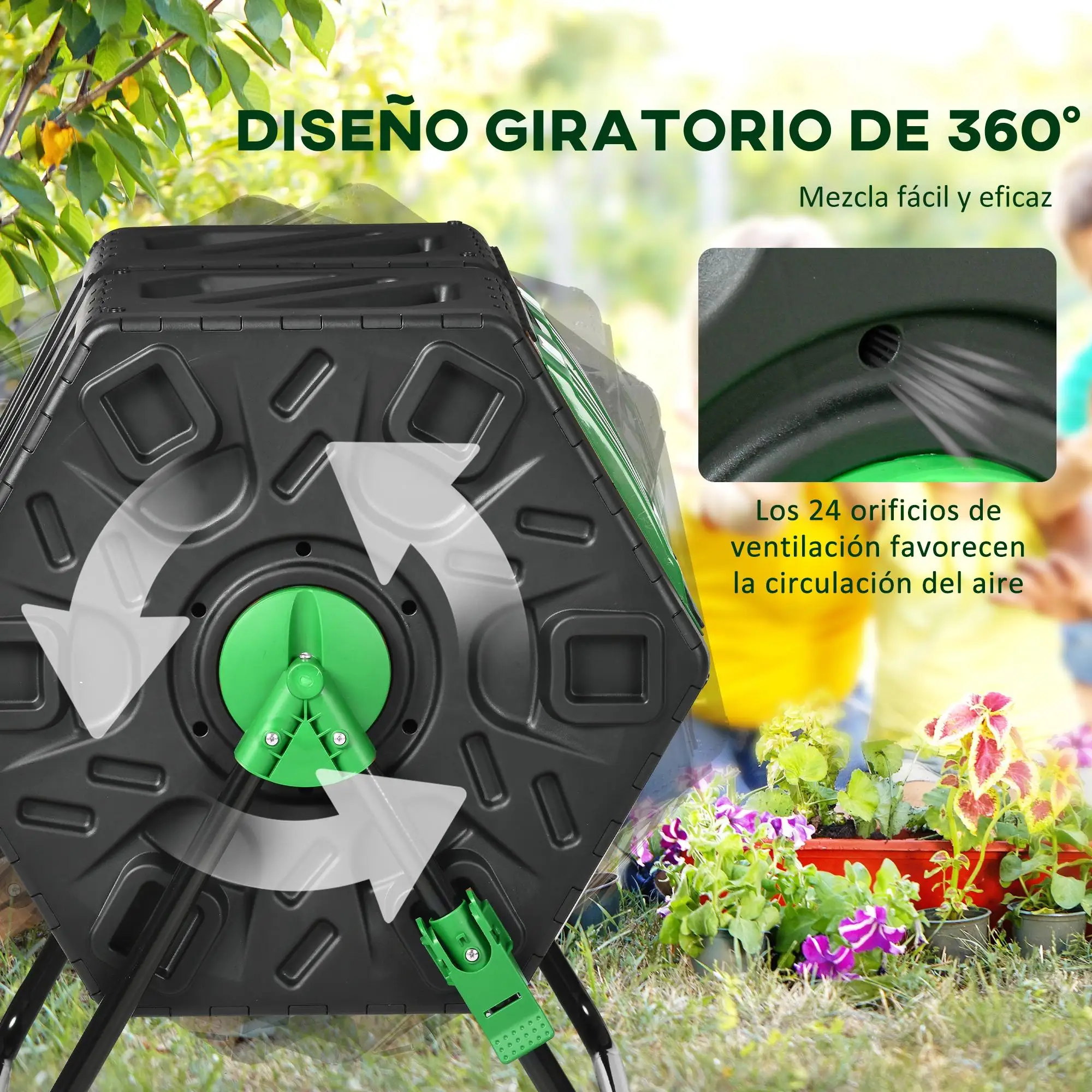 Compostador de 130L con doble cámara 360 ° Base de acero giratoria con 24 orificios de ventilación, plástico PP para jardín, color negro