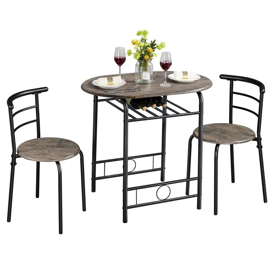 3 Piece Dining Table Set, Kitchen Table amp Chair Sets for 2, Compact Bistro Table Set with Steel Legs, Builtin Wine Rack for S