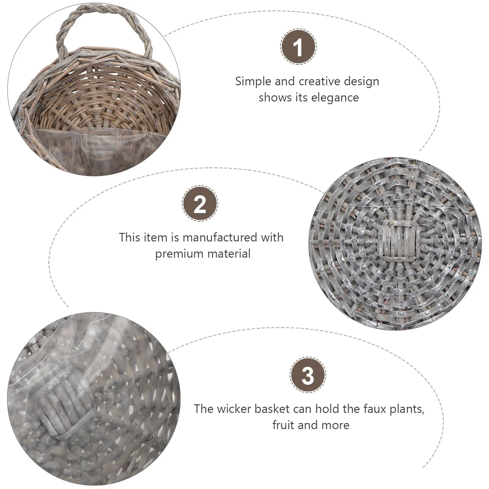 2Pcs Grey Straw Willow Hanging Basket Wall Mounted Wicker Flower Pot Natural Look Decor for Living Room Bedroom Hallway