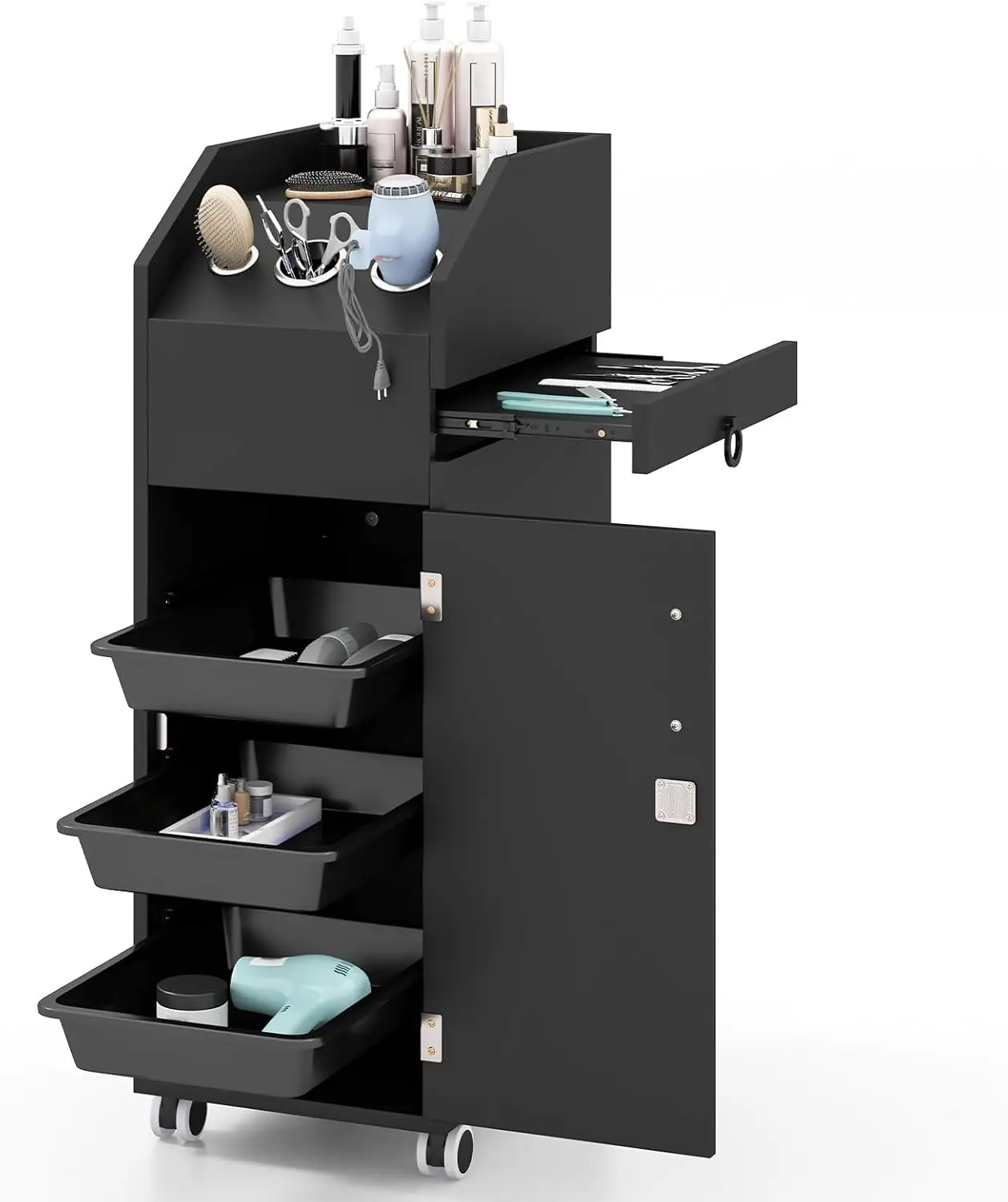 Salon Cart for Hair Stylist, Lockable Wood Salon Trolley Cart on Wheels, 3-Drawer Storage Cabinet, Side Tool Tray,