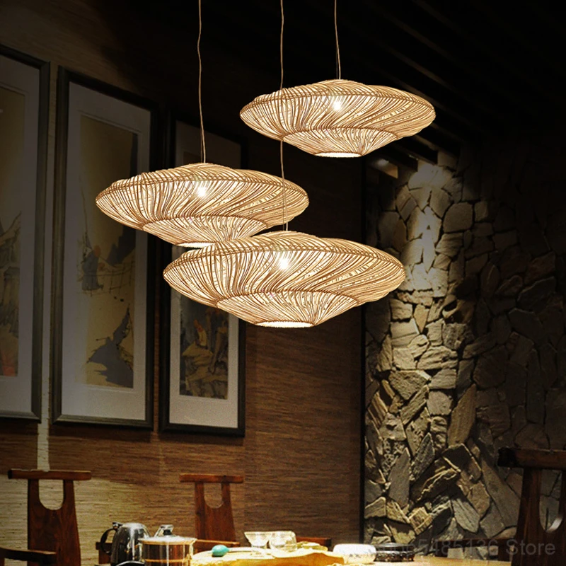 

UFO Rattan Lamp New Chinese Style Pendant Lights Dining Room Restaurant Light Bar Suspension Living Room Decor Led Hanging Lamp