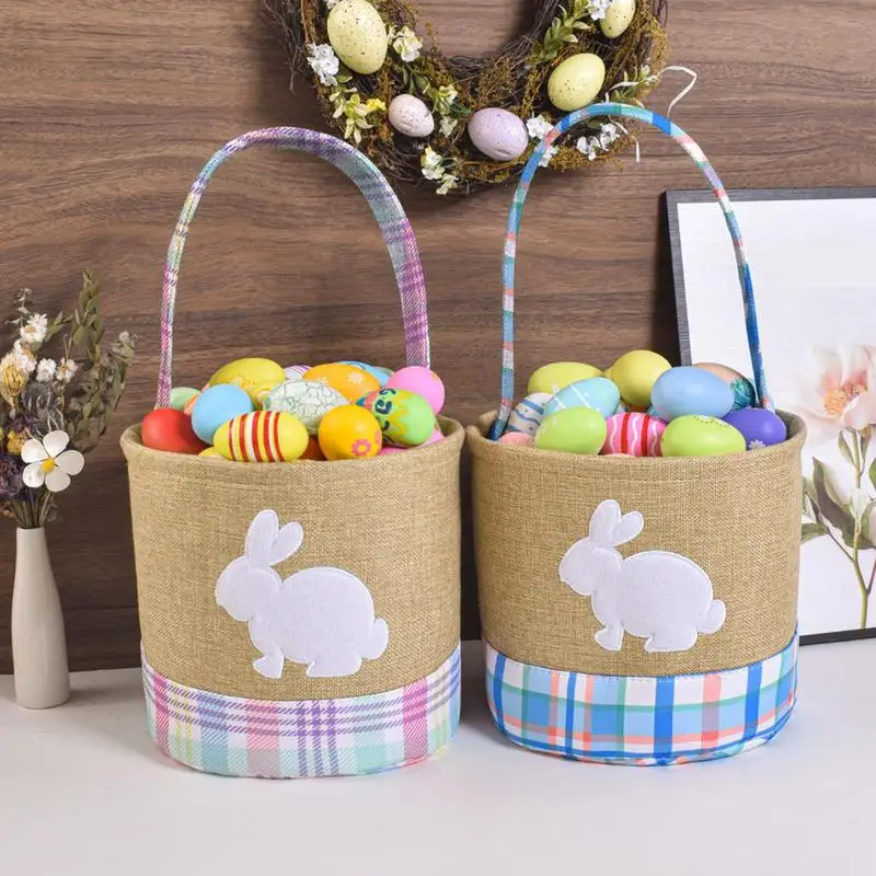 Easter Basket With Handle Large Capacity Candy Tote Organizer Bag Decorated With Embroidered Bunny Easter Supplies Storage