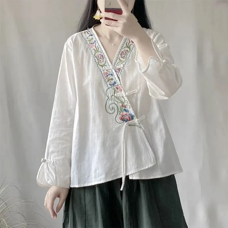 Literary Retro Embroidered Button-down Shirt Women with Oblique Placket Loose Long-sleeved Top Ethnic Style Chinese Style Top