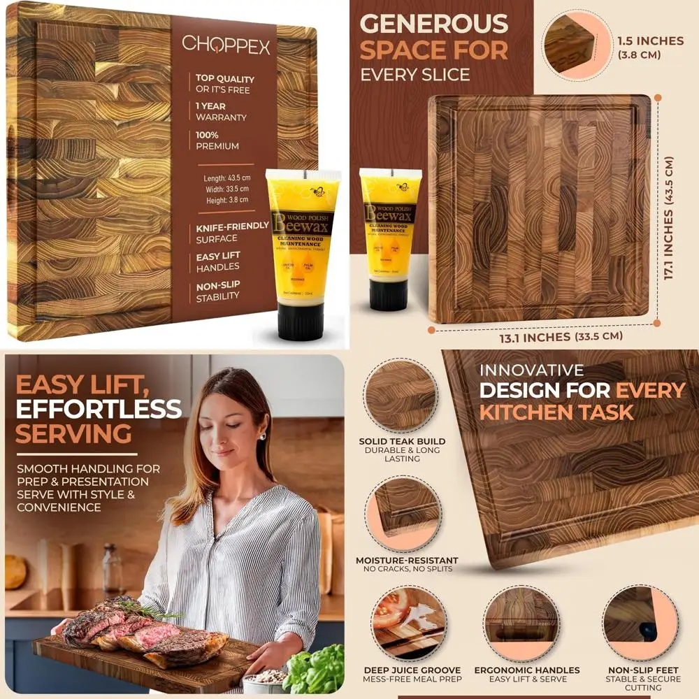 

Teak Wood End Grain Cutting Board 13.1x17.1x1.5 inches, Premium Deep Juice Groove Butcher Block with Non-Slip Feet and Side Hand