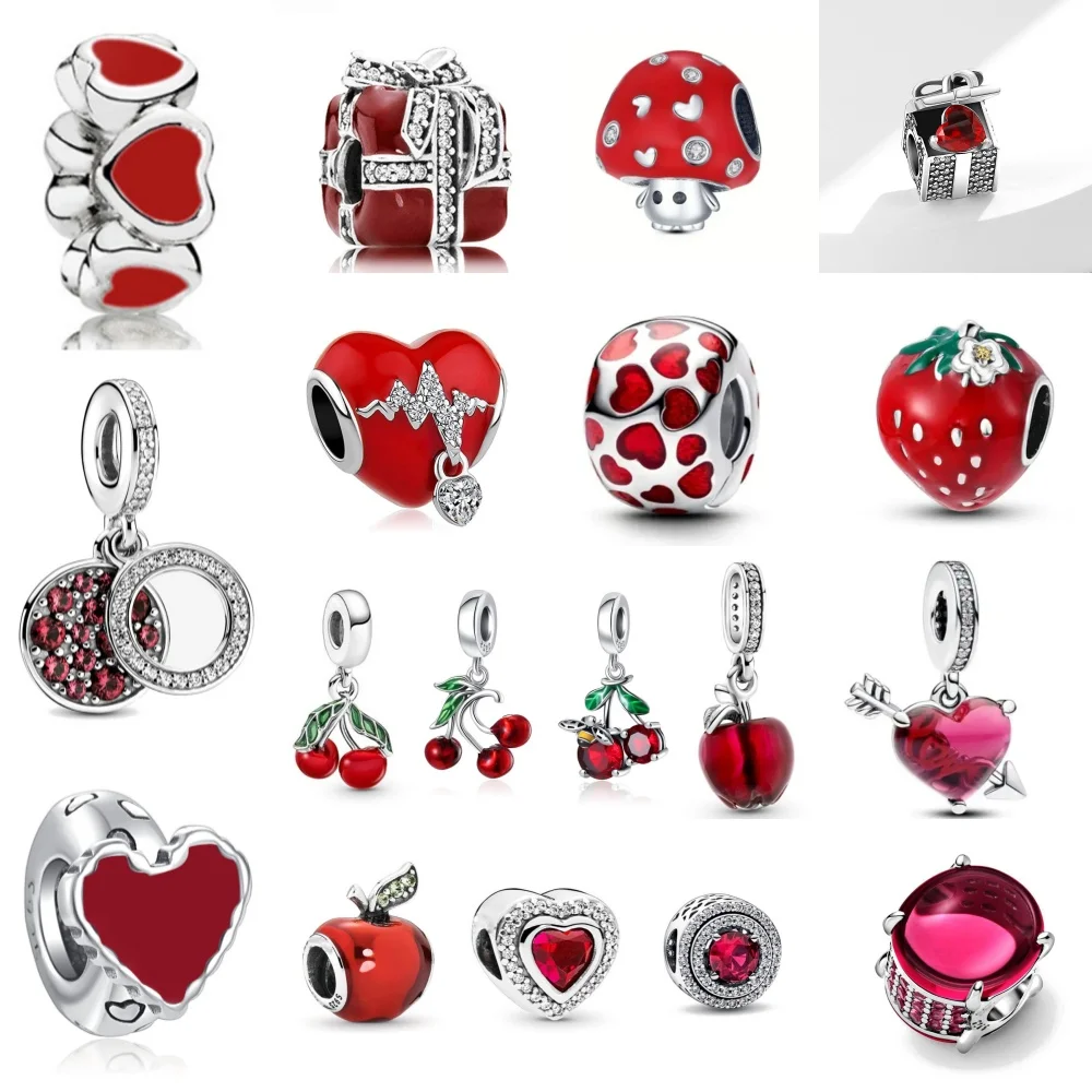 

Valentine's Day Red Christmas Apple Gift Lipstick Cherry Hanging 925 Silver Jewelry, Fit Original Bracelets Women's Jewelry