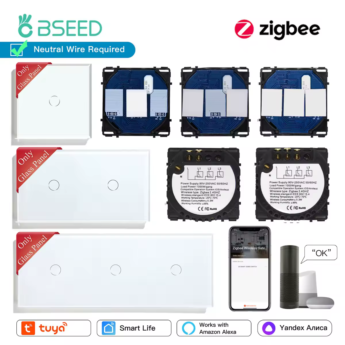 BSEED 1/2/3Gang Zigbee Smart Switches Function Base Tuya Smart Life App Control Touch Glass Panel With Metal Plate DIY Parts