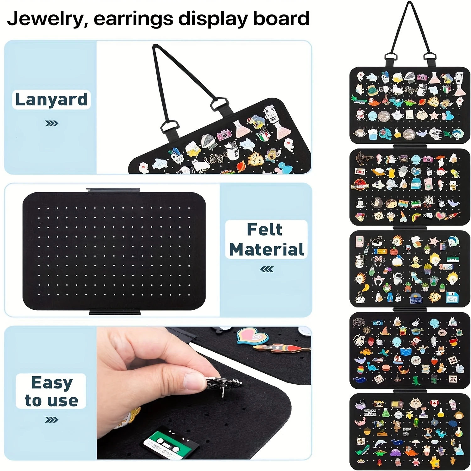 

5-Tier Chemical Fiber Jewelry Organizer, Hanging Earring & Necklace , Foldable Wall Display Board With Lanyard For & Dormitory