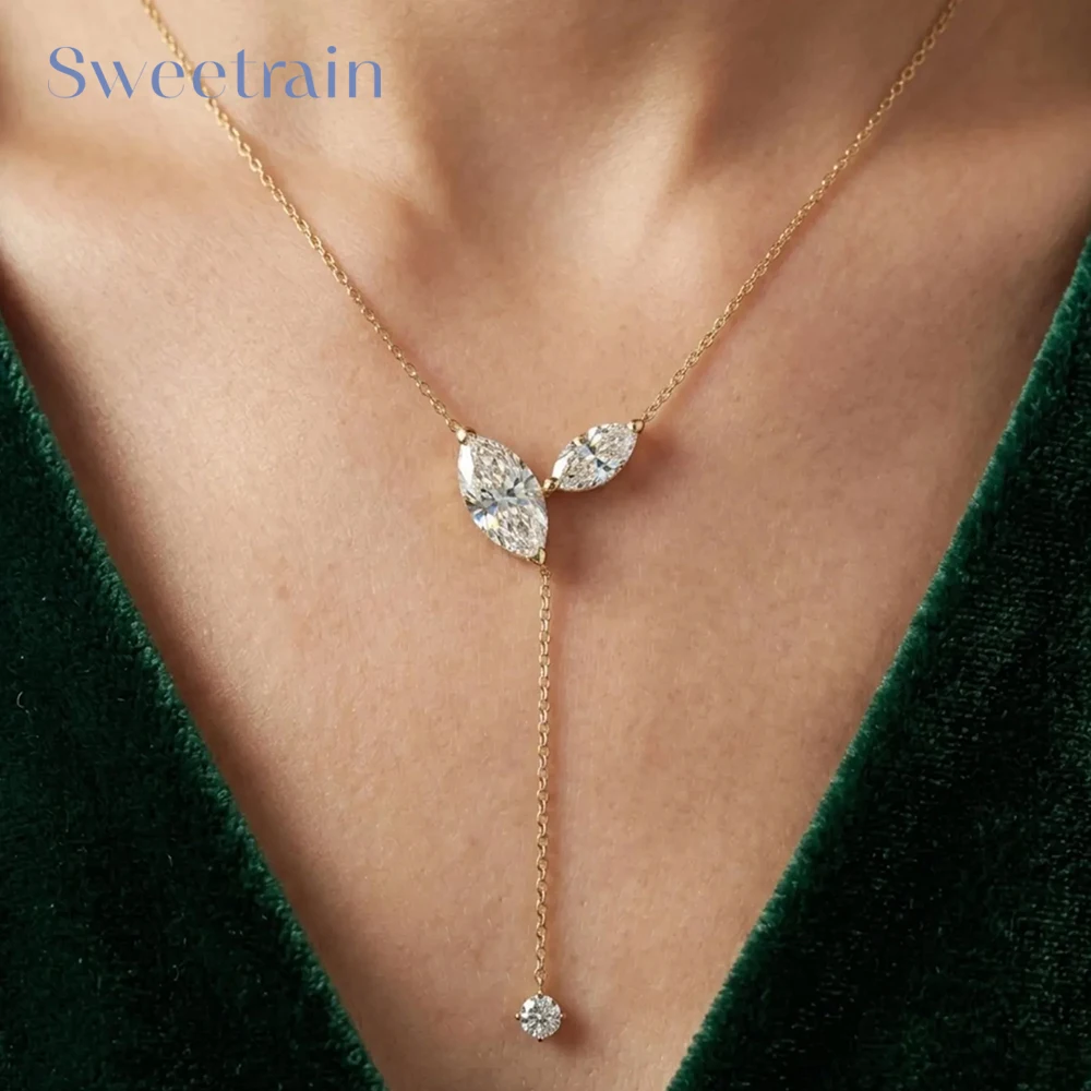 4.2CT Marquise Cut Moissanite Necklace 925 Sterling Silver Y Shape Long Tassel Neck Chain for Women Sparkling Lab Diamon Pendant