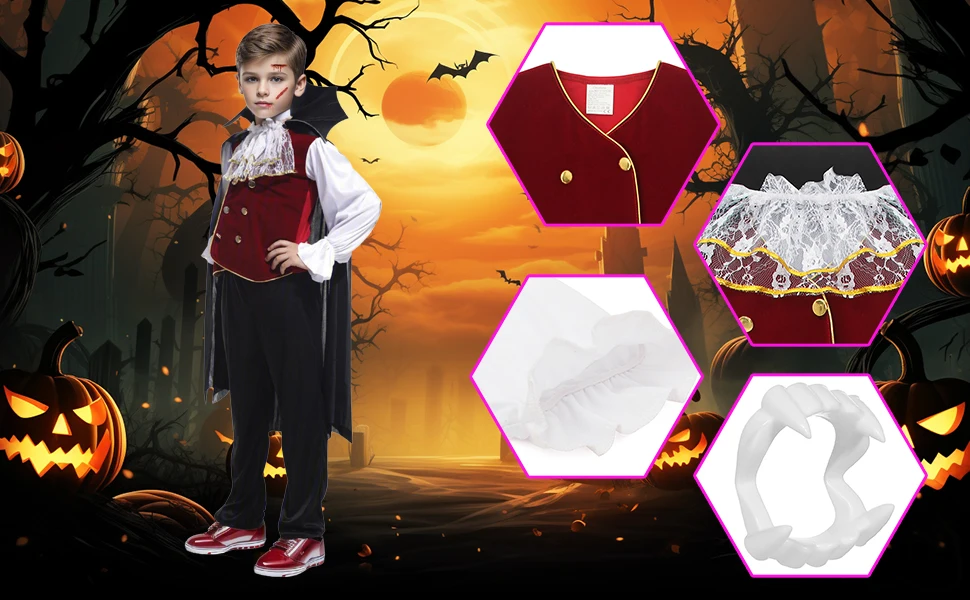 Jungen Halloween Vampir Cosplay Kostüm Kind Erwachsene Vampir Uhr Karneval Party Outfit Kostüme mit falschen Zähnen Gehstock – Detail 4