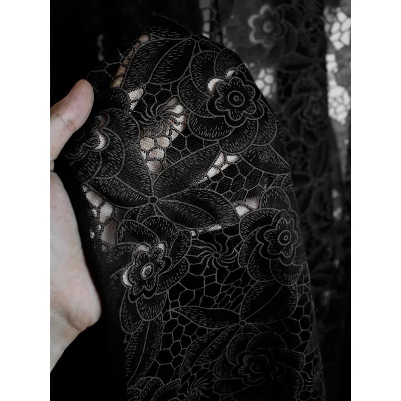 Flower Shadow Light Cicada Black Hollow See-through Mesh Fabric High-end Dress DIY Dress Clothing Designer Fabric