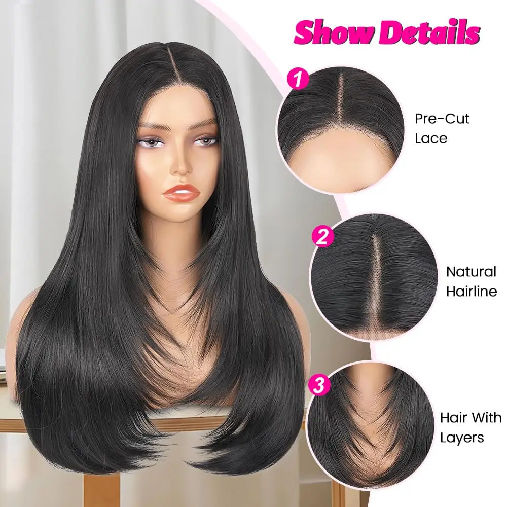 Layered Cut Straight Glueless Lace Wigs For Black Women Butterfly Haircut Straight 4X4 HD Lace Closure Synthetic Wigs Pre Cut