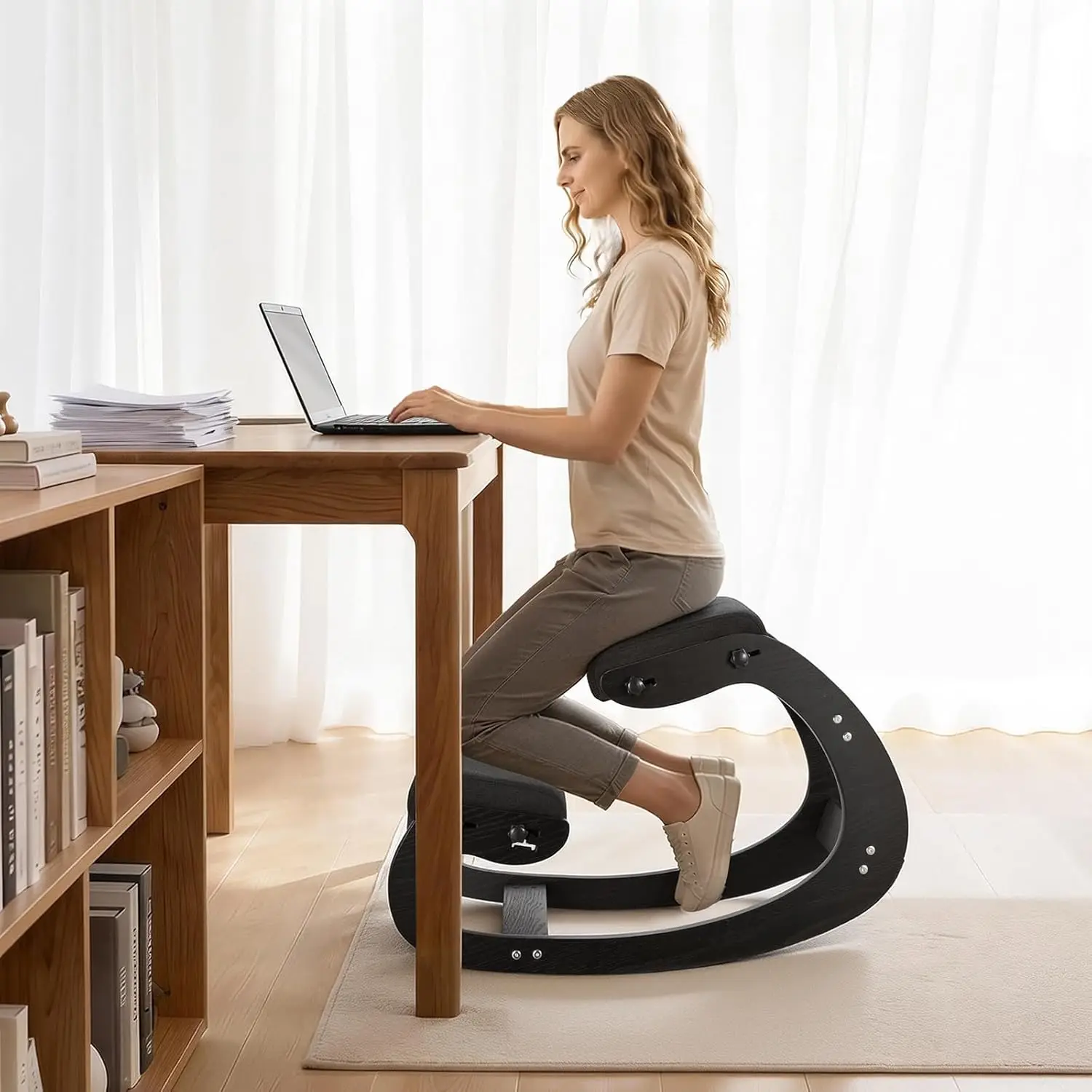 Office Chairs For Staff, Ergonomic,HEXU Ergonomic Kneeling Chair Adjustable Height Thick Foam Cushions Solid Wood Frame Armless