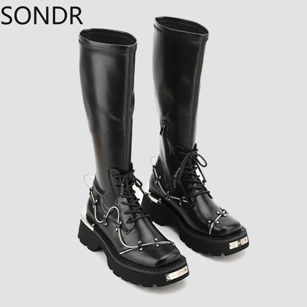 

Womens Metal Toe Knee Thigh High Boots Long Stretchy Genuine Leather Shoes Chunky Heel Luxury New 2024