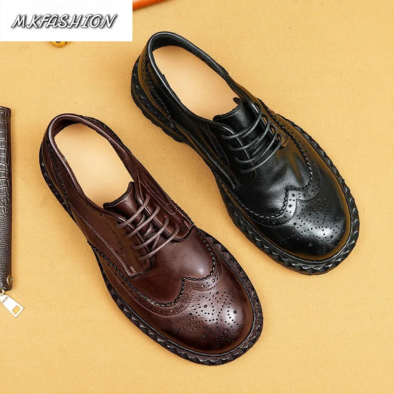 Men's Genuine Leather Business Casual Block Shoes Round Toe Thick Bottom Lace Up Flats Height Increase Footwear
