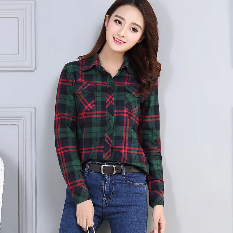 2023 New Hot Sale Women\'s Shirts Tops Cotton Flannel Long sleeve Plaid Shirt Elegant Female College Style Basic Blouses Clothes