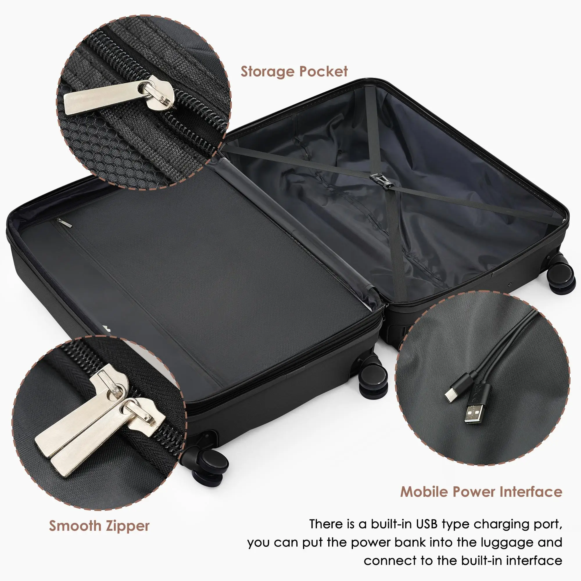 3-Piece Luggage Set with 20-Inch Hard Shell, USB Port, Spinner Wheels & Cup Holder - Black & Brown