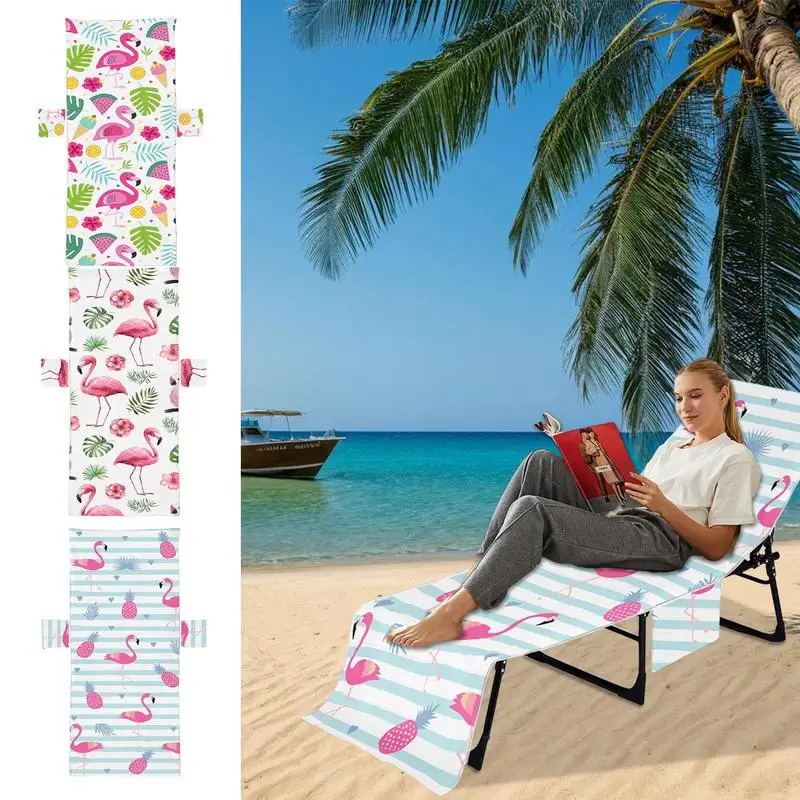 Pool Chair Towel With Side Pockets Beach Chair Cover With Flamingo Pattern Foldable Patio Chaise Lounge Covers Lounge Chair