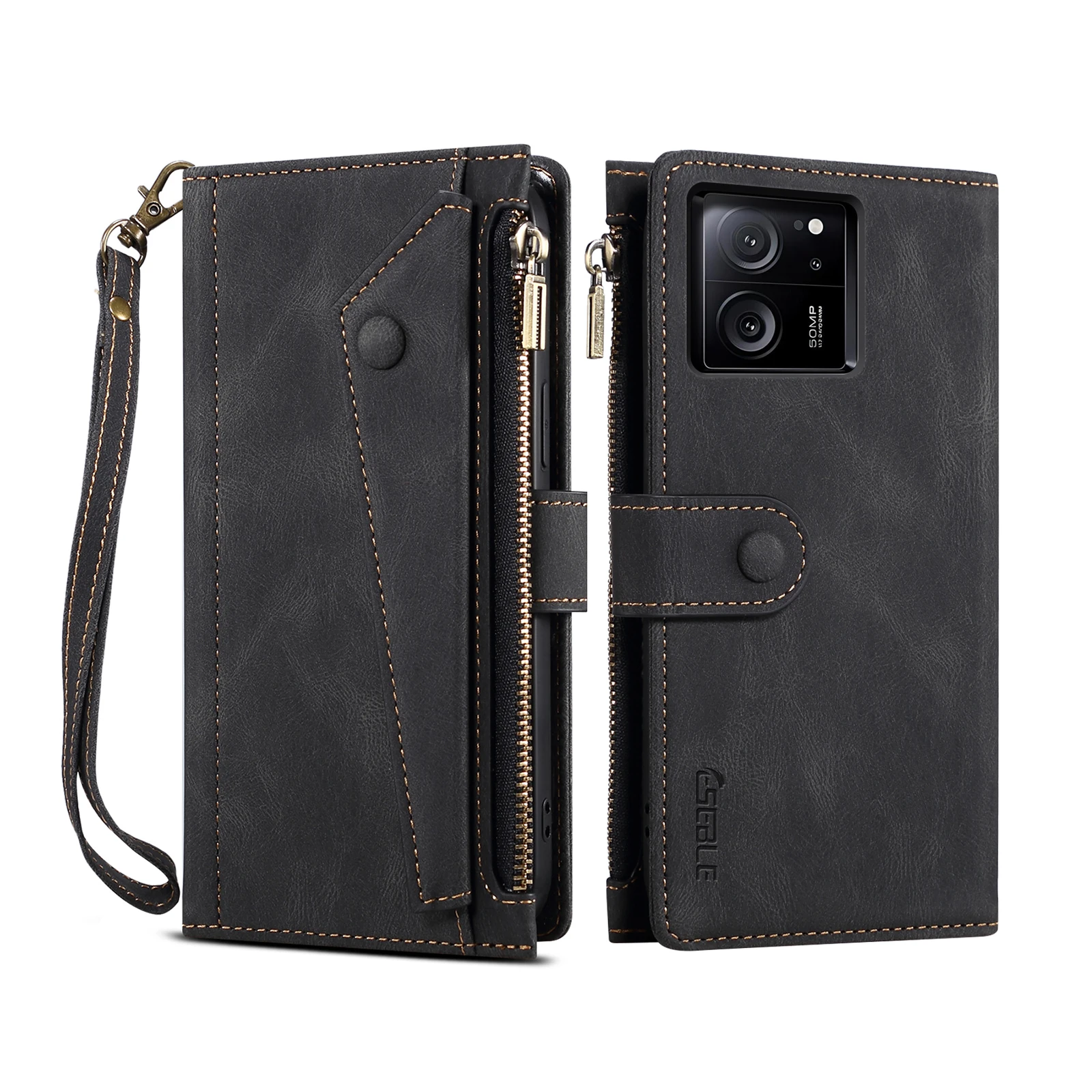 

Flip Leather Lanyard Cover For Xiaomi 13T Pro Magnetic Button Zipper Card Slot Wallet Shockproof Phone Case