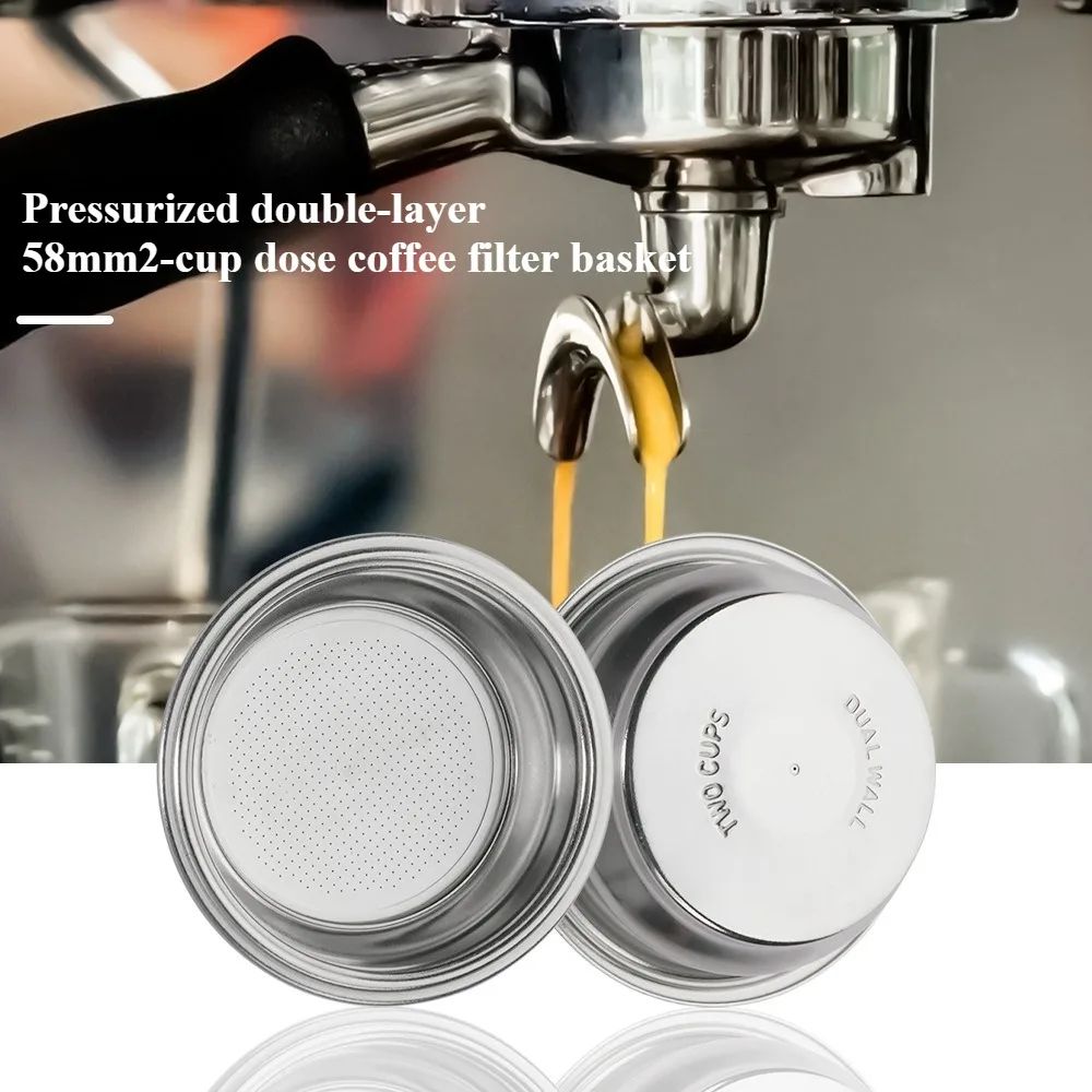 58mm Portafilter Pressurized Basket Double Layer Stainless Steel Coffee Filter, Double Cups 58mm Basket Porous Filter 1/2 Cups