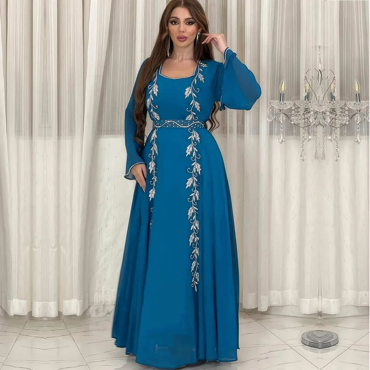 UNI Eid Muslim Party Dress for Women Abaya Embroidery Sequins Ramadan Lace-up Abayas Kaftan Islam Dubai Arab Modest Long Robe