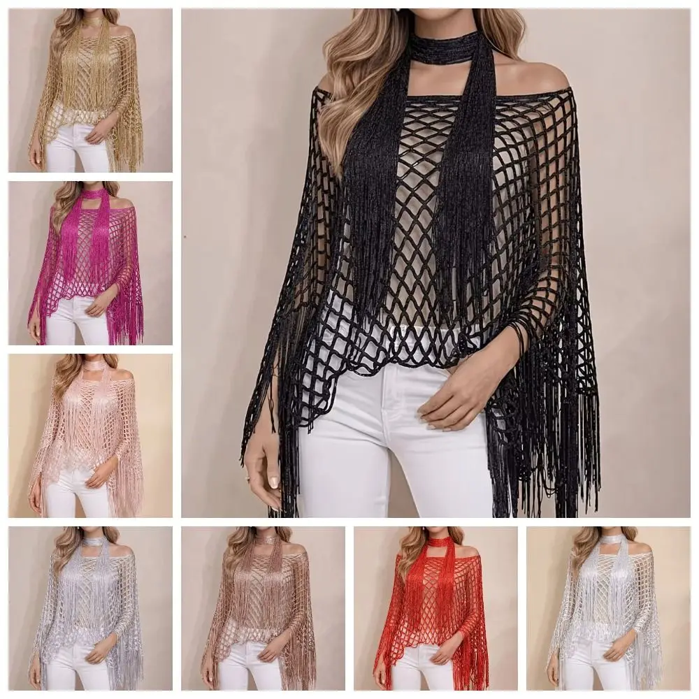 2pcs Shiny Shawl and Scarf Set Tassel Shawl Hollowed Out Beach Cover Up Sun Protection Poncho Top Summer Sun Shawl for Swimming