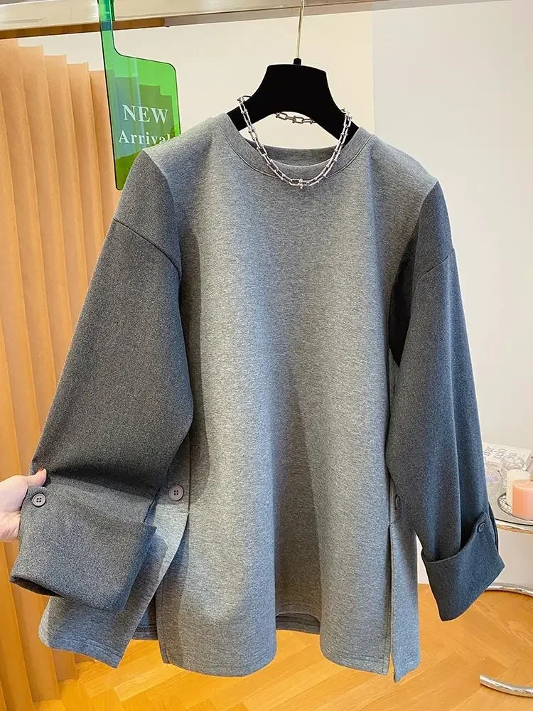 SuperAen النمط الأوروبي والأمريكي رمادي موضة المرقعة بأكمام طويلة البلوز المرأة بلوزات فضفاضة منتصف طول
