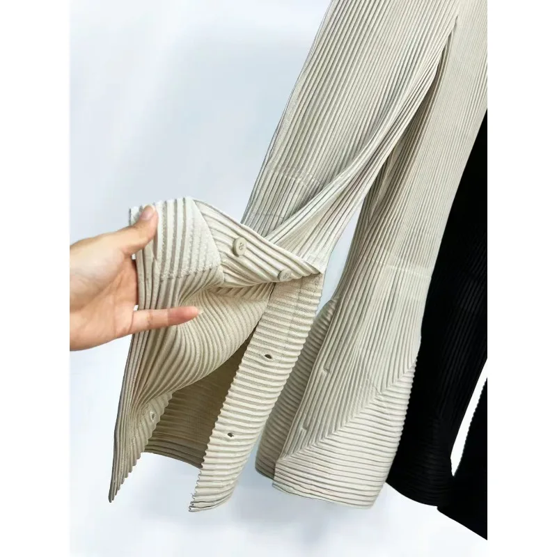 Miyake Pleated Slit Flared Pants Men Solid Color Unisex Original 2025 Spring and Summer New Pants Casual Versatile