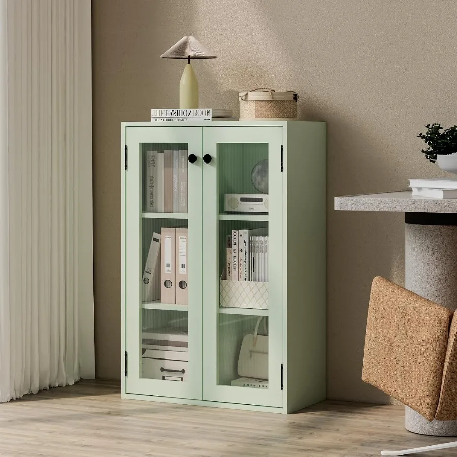 Glass Door Bookcase for Living Room, Bedroom, Home Office, Kitchen: Fluted Glass Display Cabinet with 2 Fixed Shelves, Wall-Mou