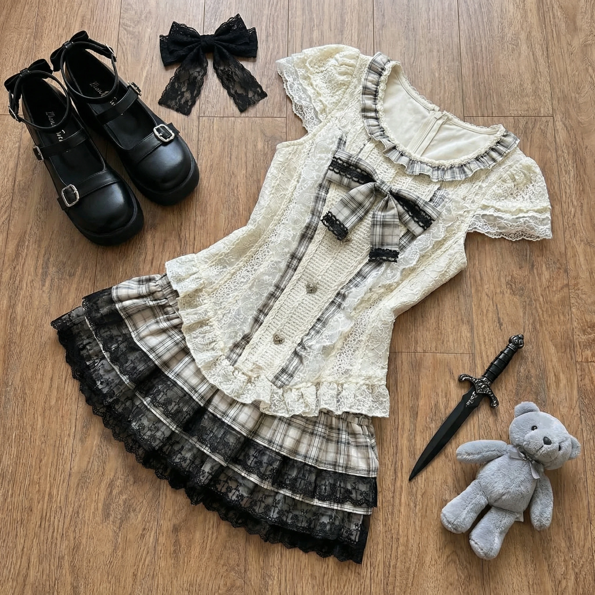 

High Street Fashion Sweet Slim 2-piece Set Women Elegant Casual Lace Short Sleeve Bow Tops Female + High-waist Plaid Short Skirt