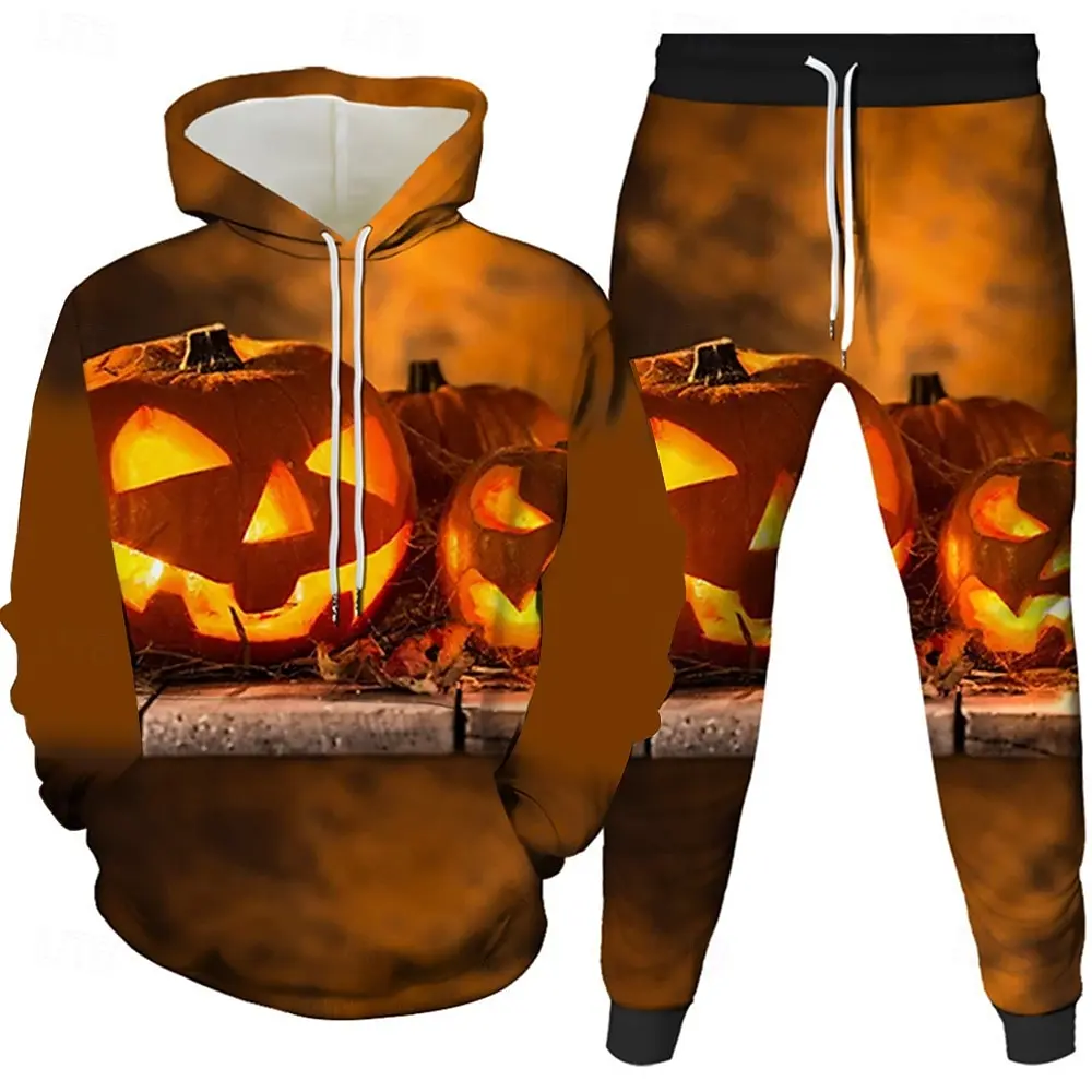 Halloween Pumpkin 2-Piece Set Sweatshirt Pullover and Sweatpants Fashion Street Party Wear Sports Casual Jogging 2Pcs Sets