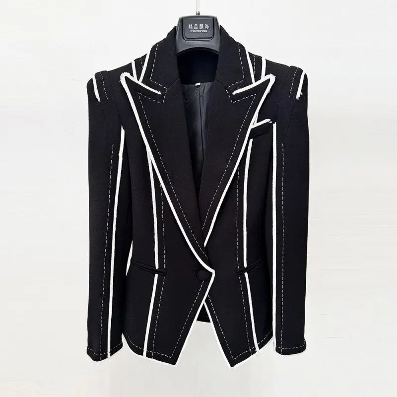 Slim Fit Suit Jacket 2026 New Style Celebrity Fashion Color Block Bead  Line British Style Long Sleeve Synthetic Leather ...