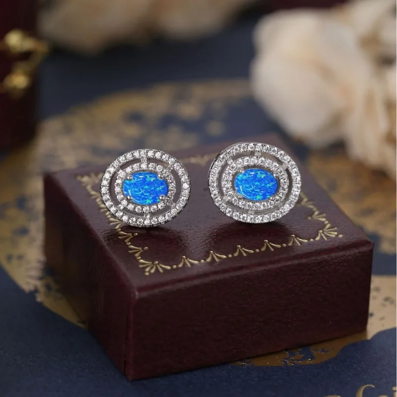 

S925 Sterling Silver Blue Opal Stud Earrings Versatile Fashion Trend Gemstone Women