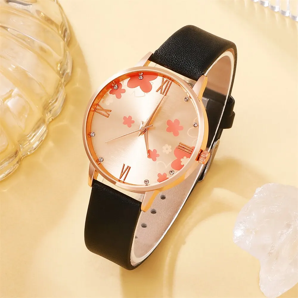 5PCS Set Womens Fashion Quartz Watch Female Clock Rose Gold Dial Luxury Brand Design Women Watches Simple Ladies Wrist Watch