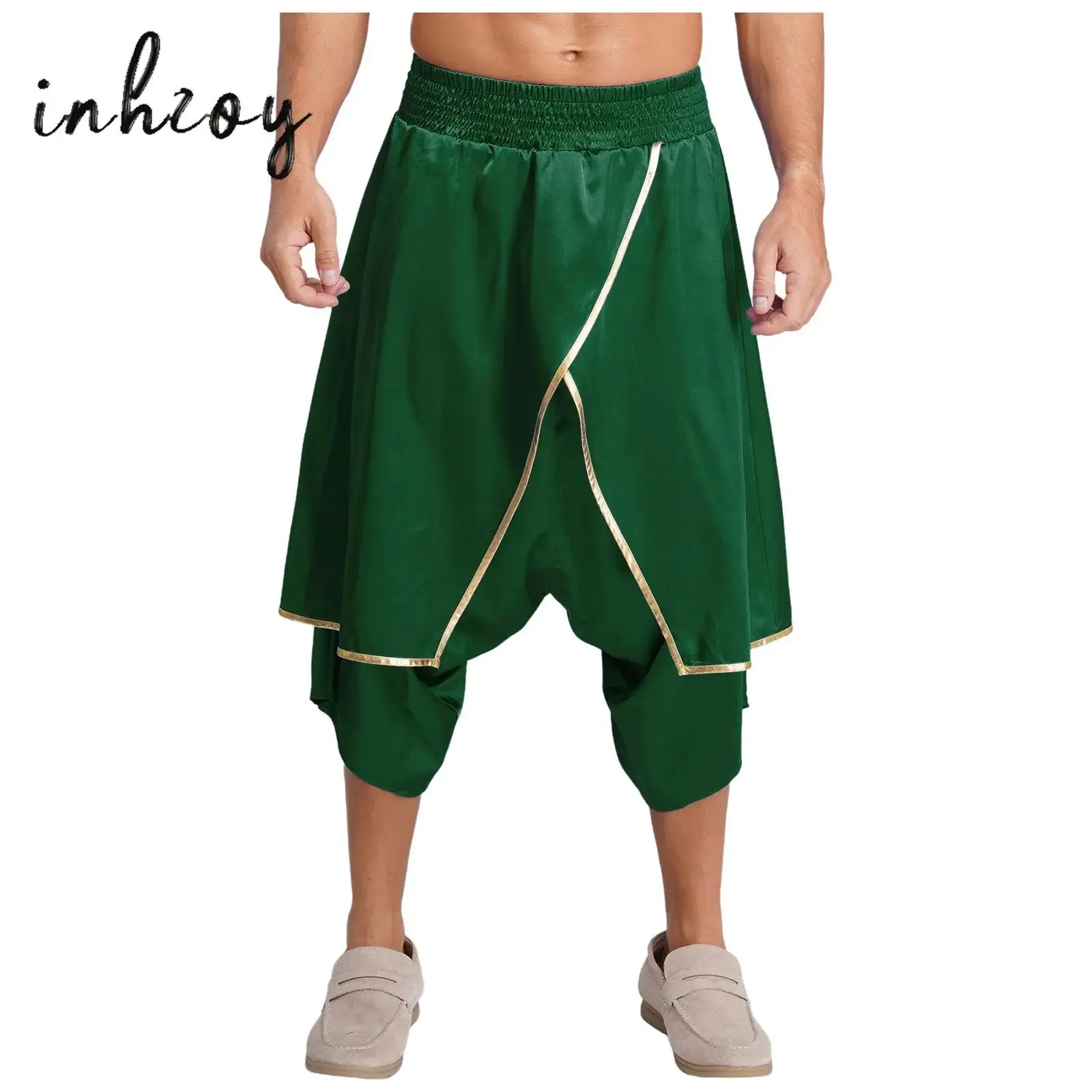

Mens Arab Hippie Harem Pants Satiny Irregular Overlay Metallic Trim Widen Elastic Waist Loose Lantern Pants India Dhoti Pants