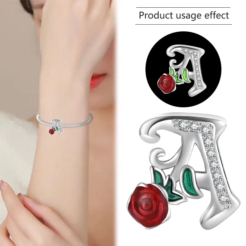 2024 nuevo 925 Plata 26 letras A-Z Rosa roja cuentas finas compatibles con dijes originales pulsera de plata 925 joyería DIY de moda para mujeres