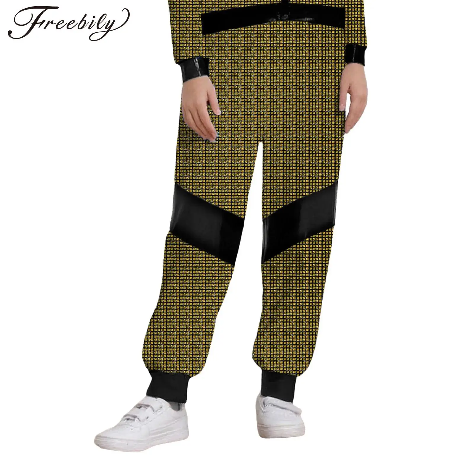 Calças de carga xadrez das crianças calças de dança de rua hiphop roupas discoteca streetwear meninos meninas metálico jazz dança traje
