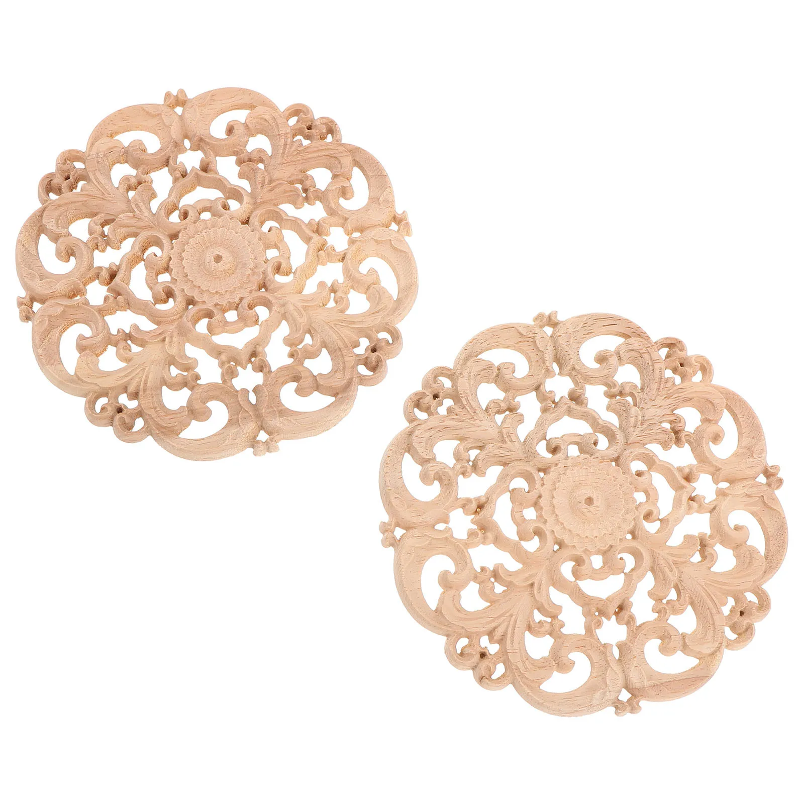 

2Pcs Wooden Carved Applique Onlays Furniture Decorations Round Unfinished Flower Carvings Cabinet Bed DIY French Style Ornate
