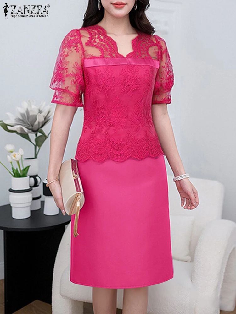 ZANZEA 半袖 V ネックローブファムサテン女性エレガントなシースルー膝丈ドレスレースパッチワーク通勤ファッションドレス