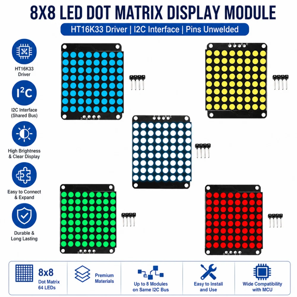 8×8 Matrix Common Cathode LED Dot Matrix Display Module, HT16K33 Driver Microcontroller Communication Module, I2C Port