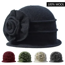 women dome fedora 100% wool hat mom hats for autumn and winter solid floral warm floppy hat Vintage Retro Bowler Fedoras Caps