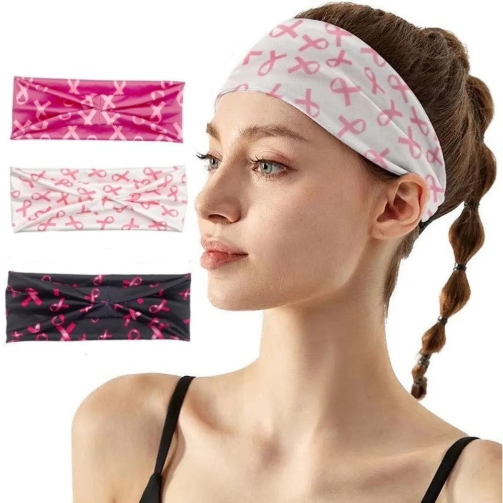 

Polyester Breast Cancer Awareness Headband Non-Slip Elastic Wide Hair Wrap Printed Sweat-Wicking Hair Accessories Yoga