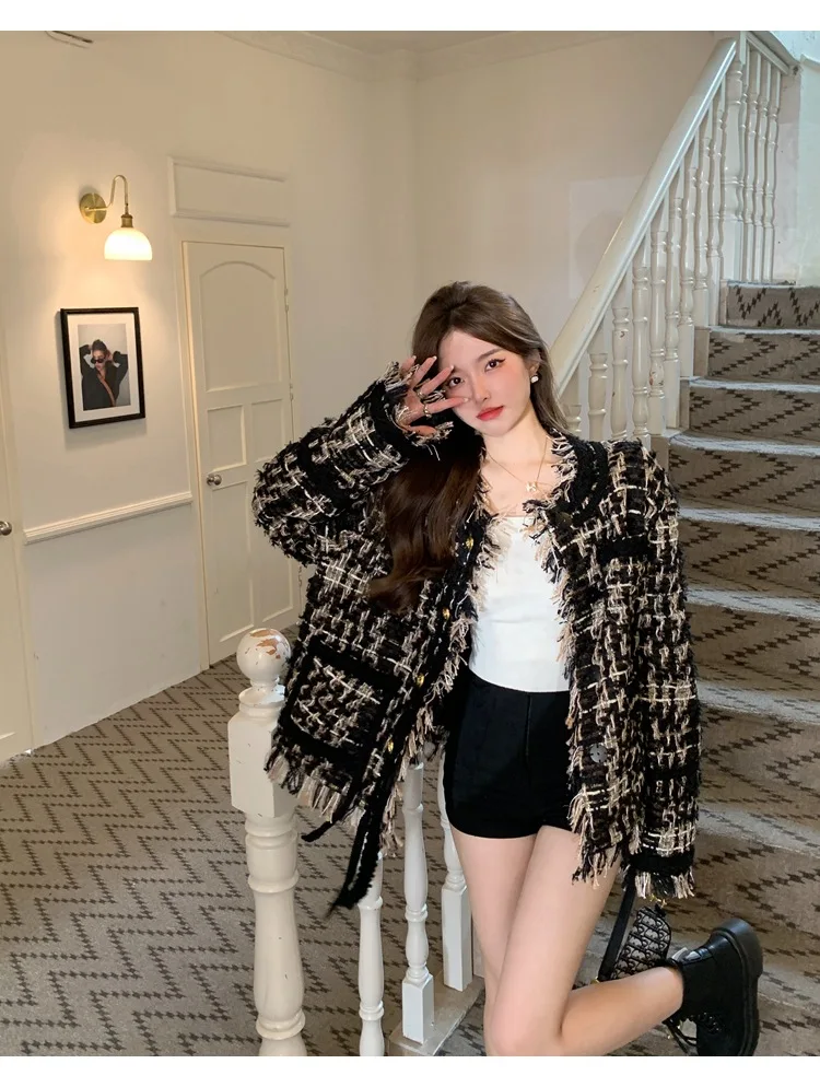 트위드 재킷 긴팔 여성 가을 다기능 캠퍼스 기본 패치 스탠드 칼라 3D 한국 스타일 보헤미안