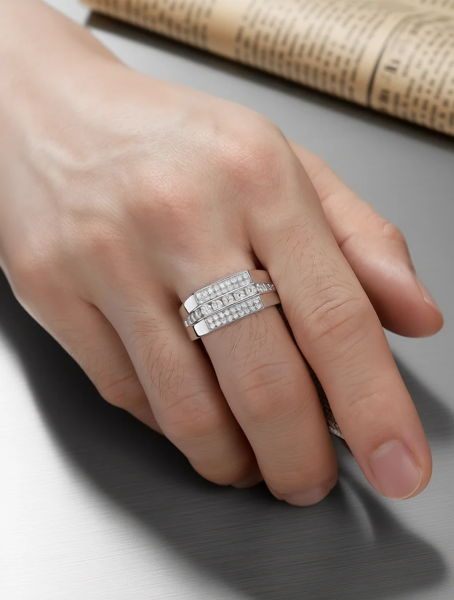 Newshe GRA Certified Full Moissanite Rings for Men Designed Wedding Band White Gold Plated Jewelry
