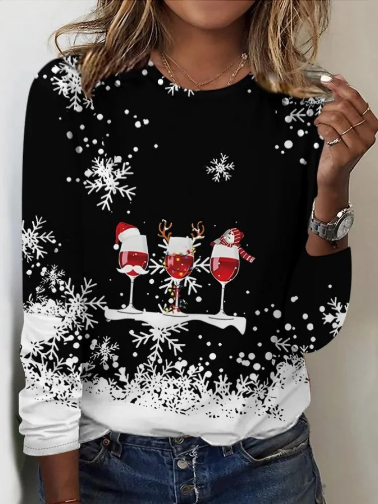 Fashion Christmas Printed Women's T-shirt Casual Long Sleeve Santa Claus Christmas Tree Deer Pattern Tops Tees Autumn Female