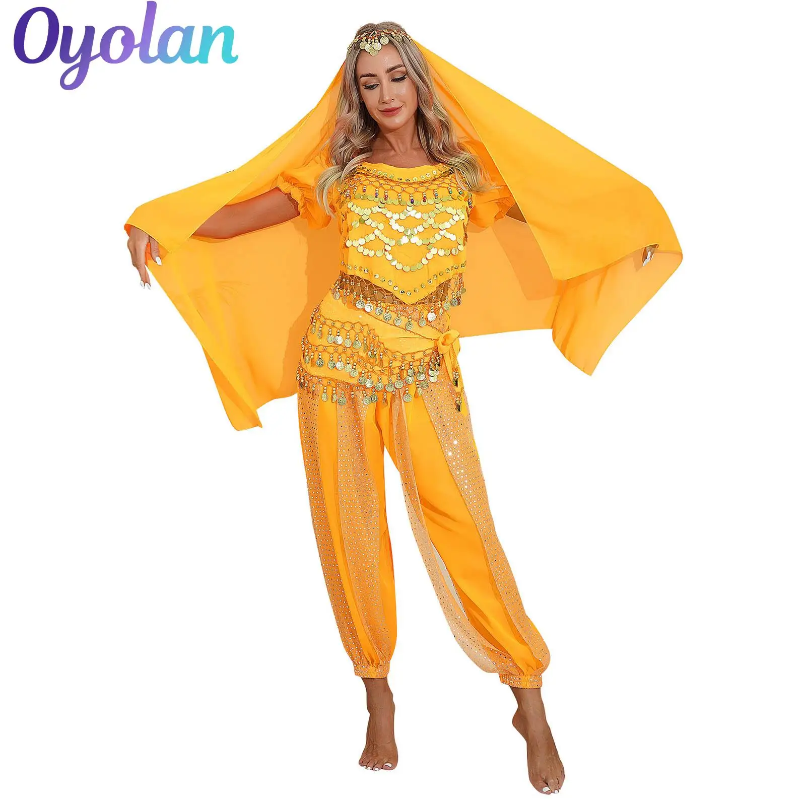 

Women Arabian Egypt Indian Oriental Belly Dance Outfit Bellywood Costume Sequin Crop Top with Harem Pants Hip Scarf Headscarf