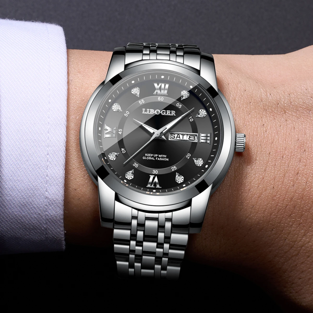 Luxury Diamond Dial Men Calendar Quartz Watch Silver Stainless Steel Strap Business Wristwatches Relogio Masculino（Without Box）