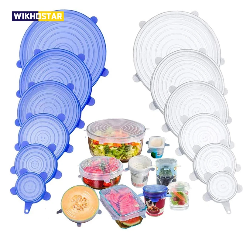 WIKHOSTAR 6pcss Silicone Cover Stretch Lids Reusable Universal Silicone Bowl Pot Lid Food Fresh Bowl Cover Kitchen Accessories