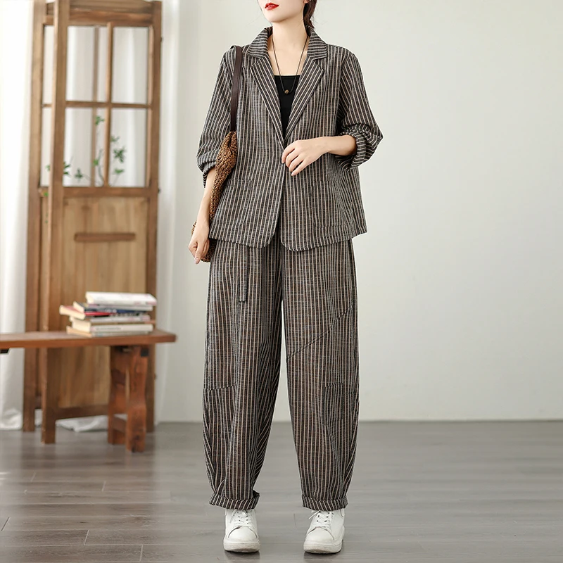 Faionable gestreiftes Baumwoll-Leinen-Set, Vintage, vielseitig, lang, S Sve, lockeres zweiteiliges Set, Harlan-Hosen-Set für Damen in Übergröße