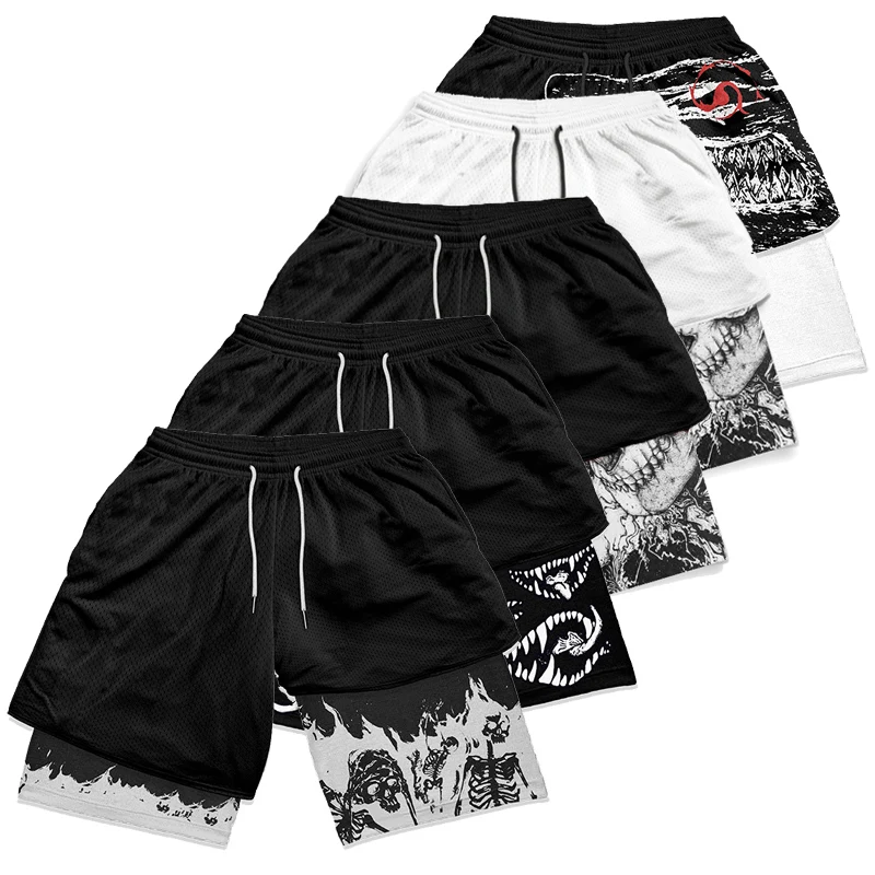 Y2K Gothic Punk Skull Print 2 in 1 Shorts for Men Gym Athletic Performance Shorts with Pockets Summer Workout Fitness Running